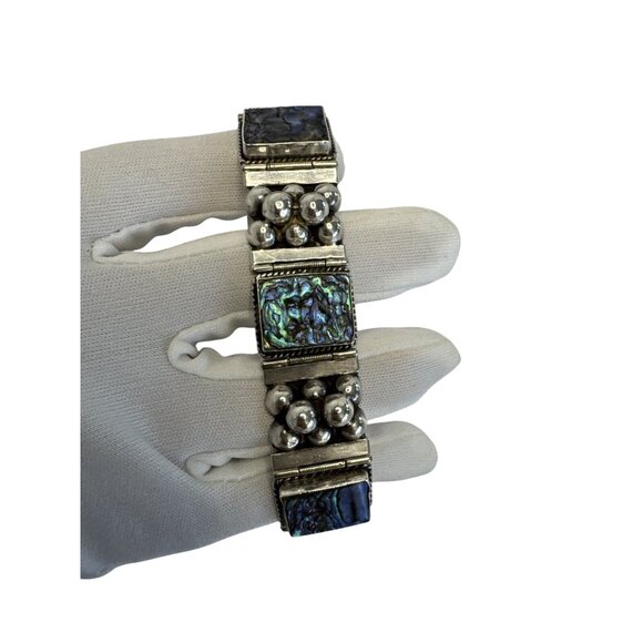 Vintage VKEE .925 Sterling Silver W/ Abalone Stone Taxco Bracelet - Picture 2 of 7